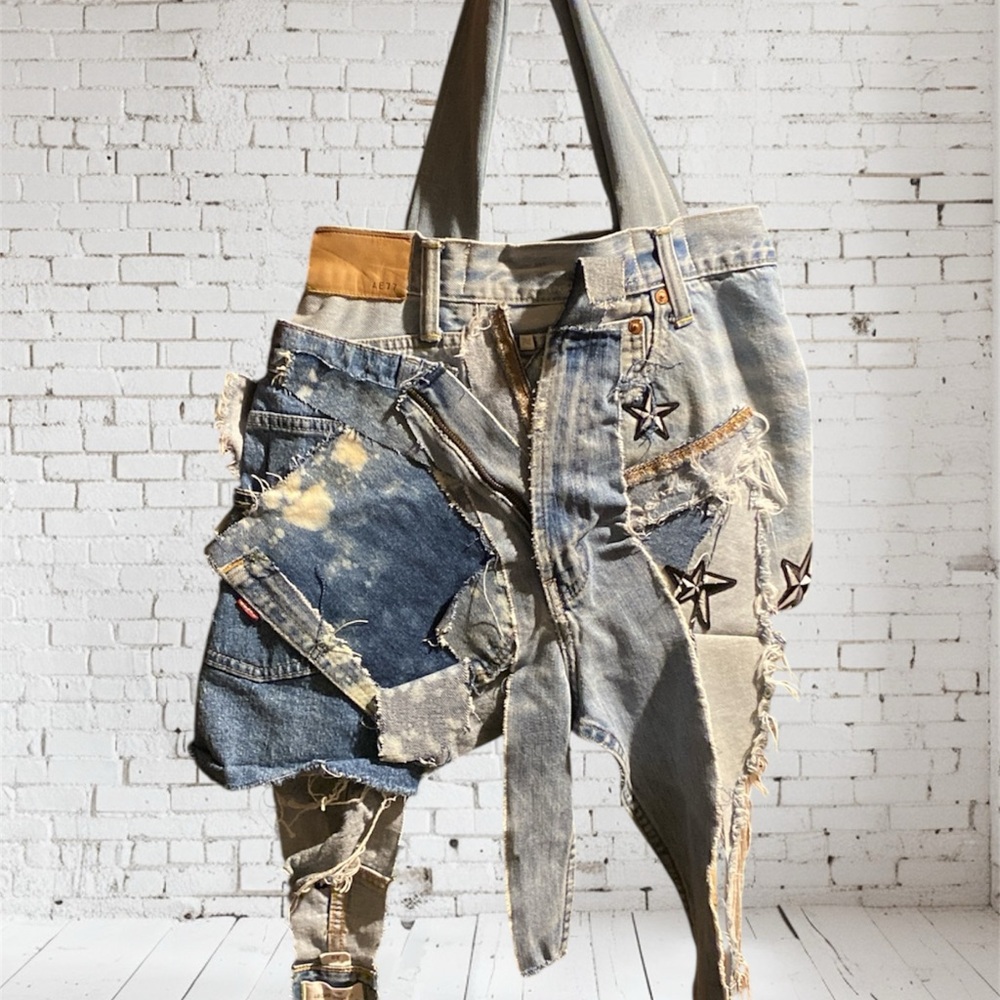 Patchwork Denim Tote Bag with Star Accents